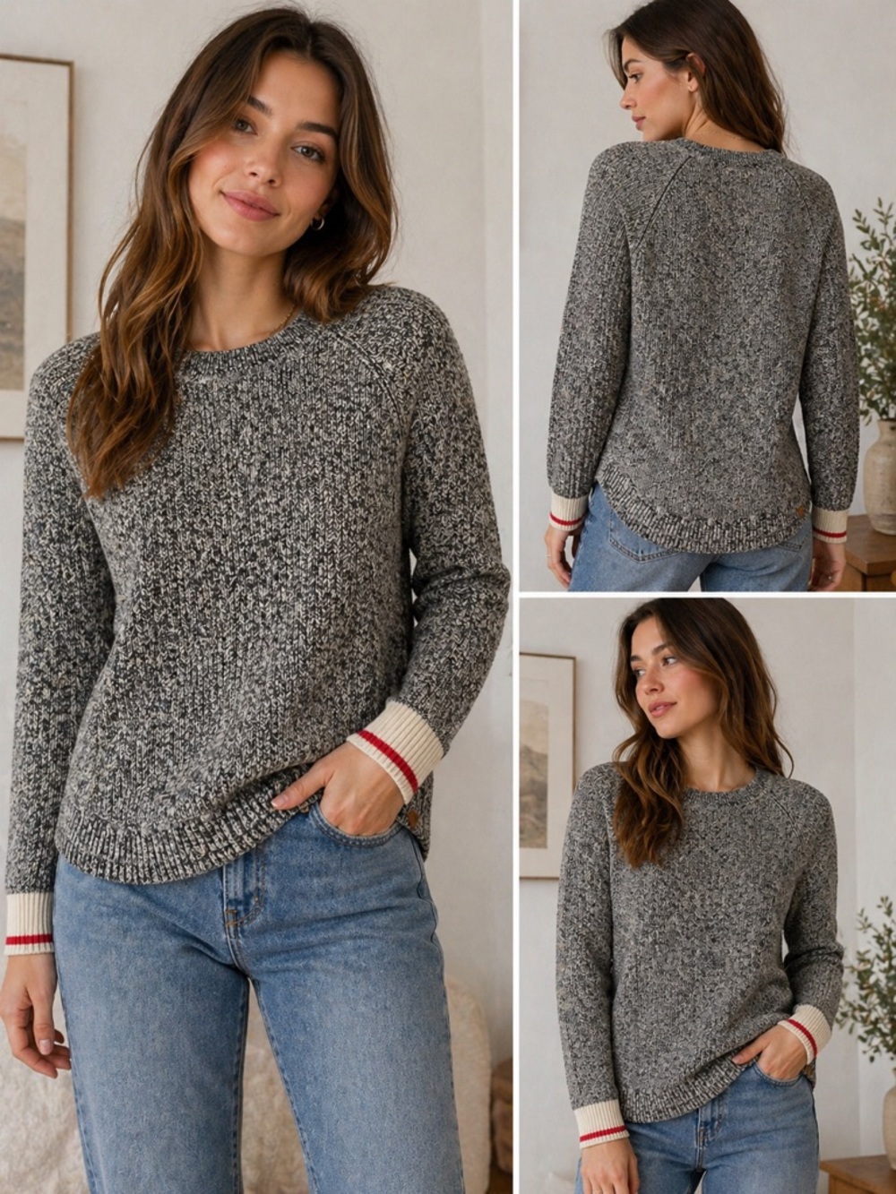 ROOTS Cabin Knit Heathered Gray Crewneck Sweater with Contrast Cuff - Picture 1 of 7